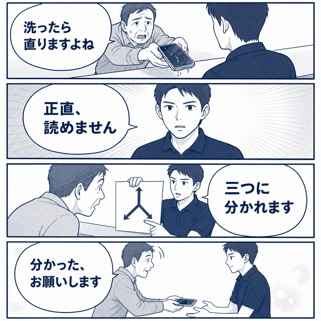 水没の洗浄で直るか聞かれ、正直に三つに分かれると答える4コマ漫画