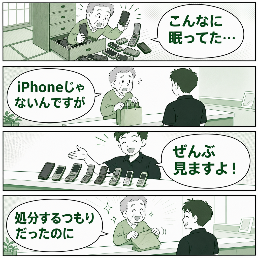 iPhone以外は買い取れないと思っていたお客様が、紙袋いっぱいの古い端末を査定してもらう4コマ漫画