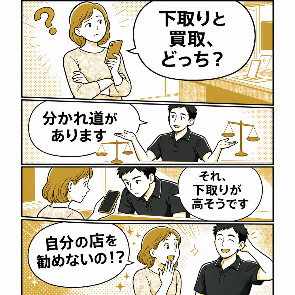 下取りと買取のどちらがいいか迷うお客様に店員が正直に答える4コマ漫画