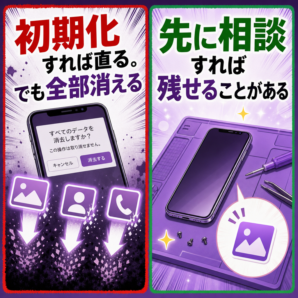 初期化する前に相談してほしいという注意喚起の図解