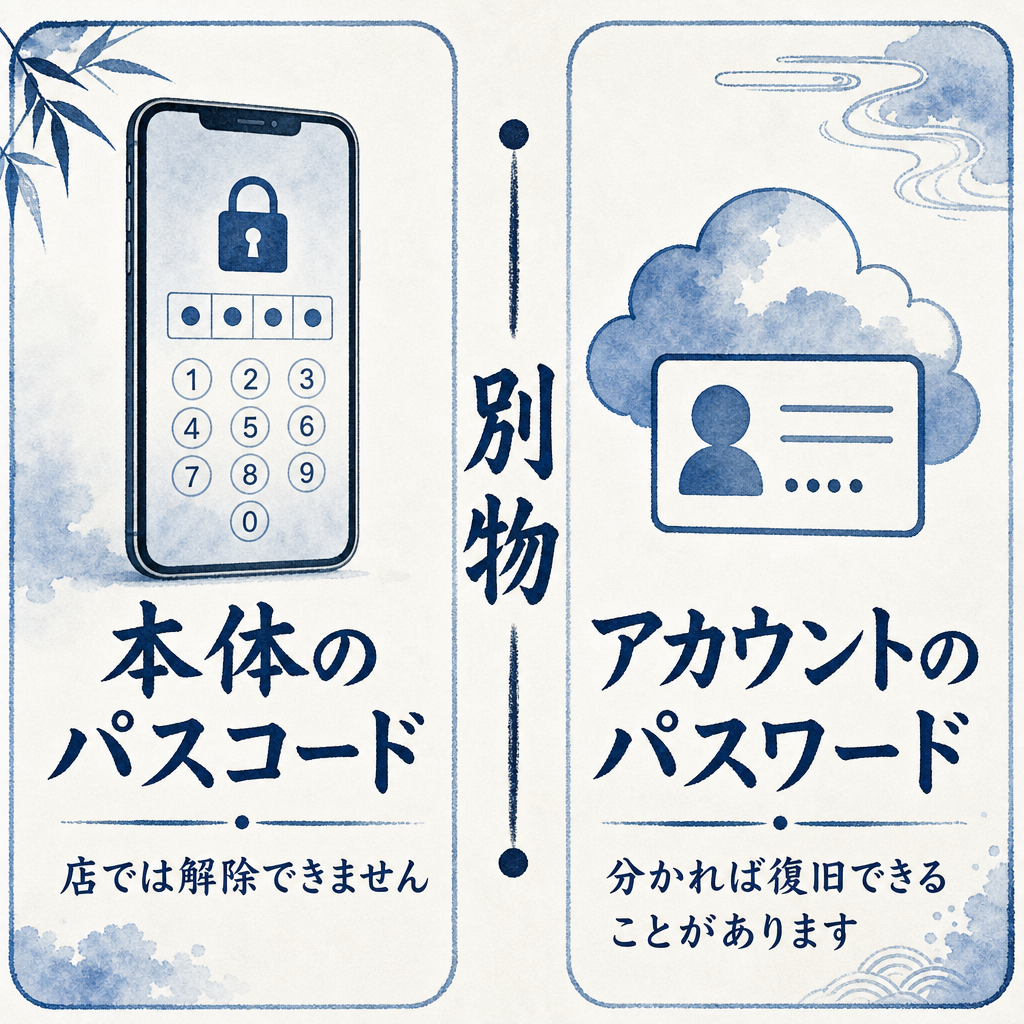 本体のパスコードとアカウントのパスワードは別物という図解