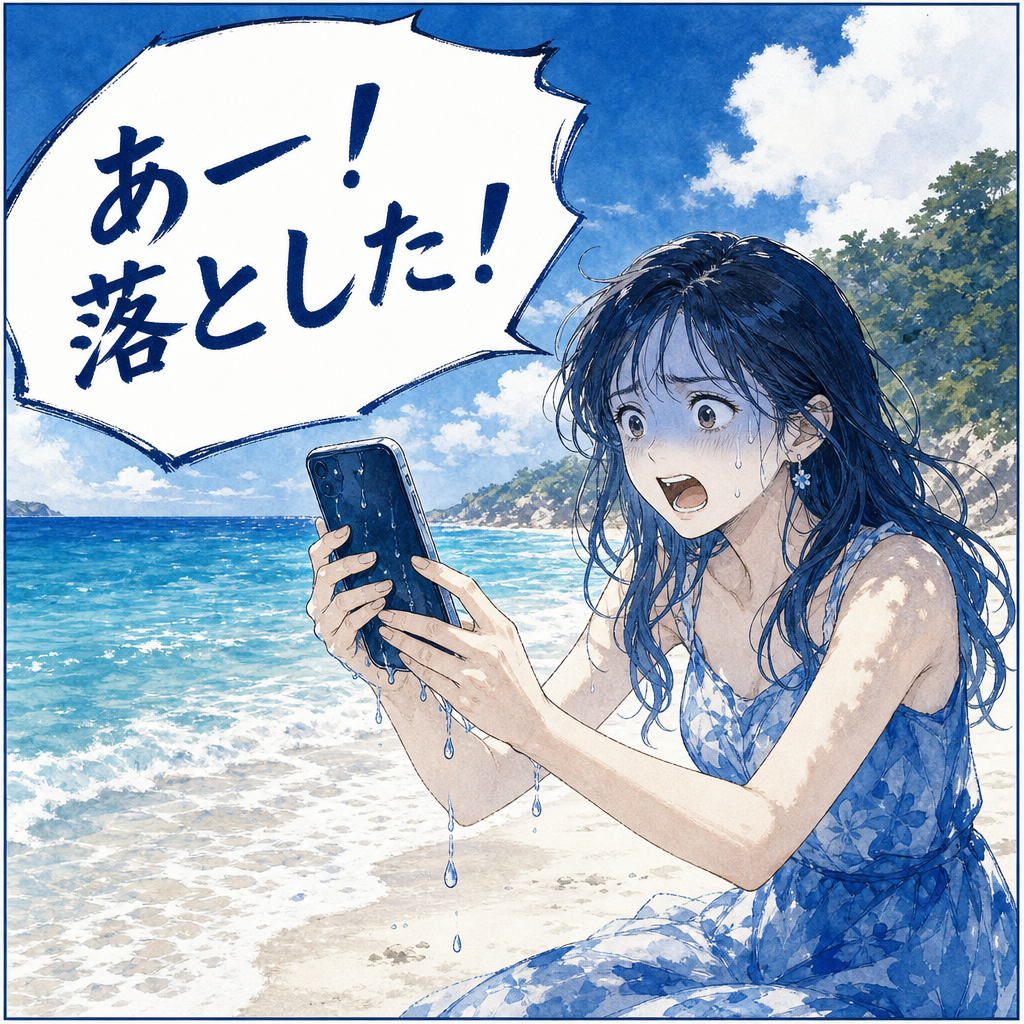 沖縄の海でスマホを濡らしてしまった場面