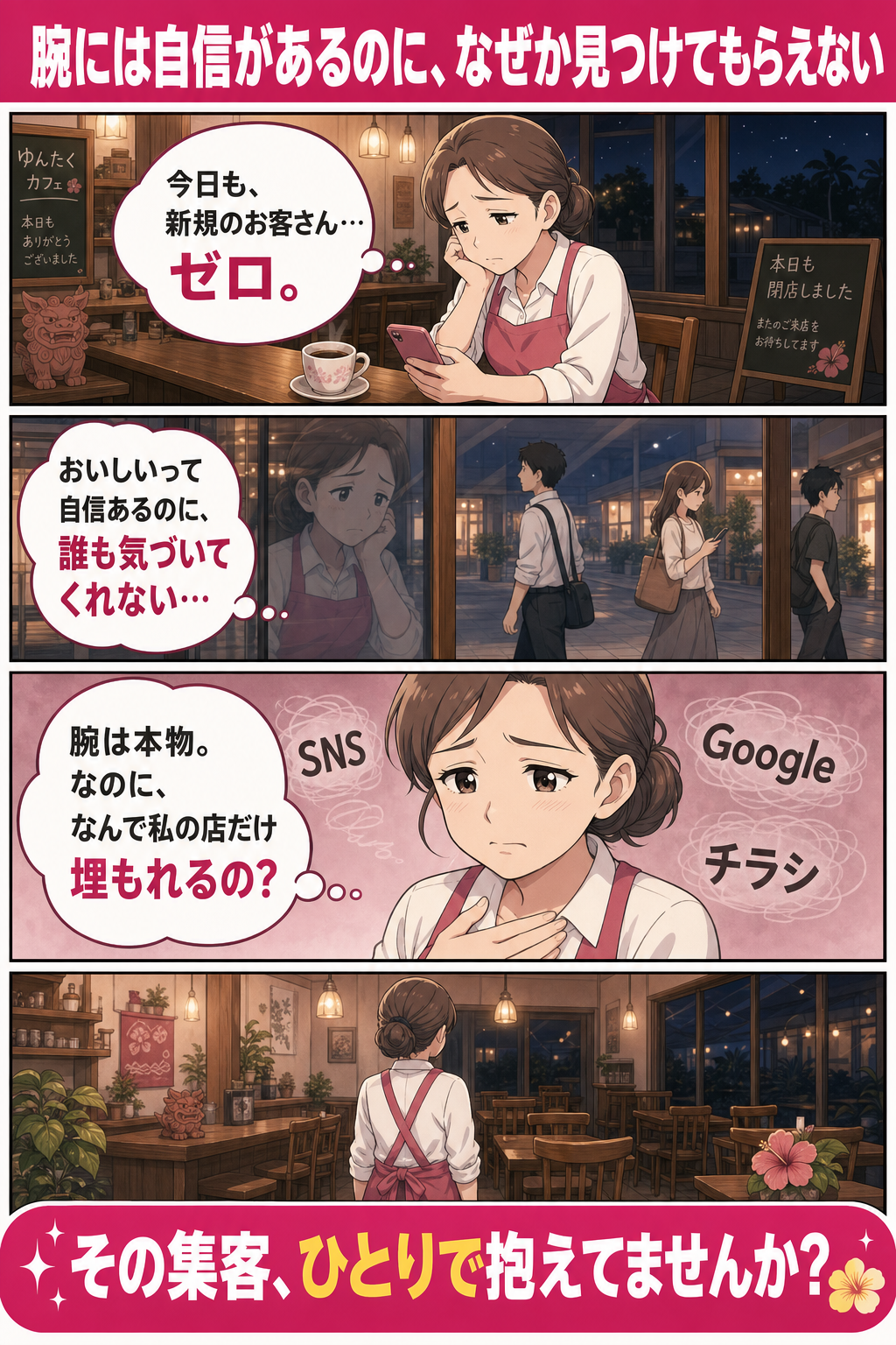 閉店後の沖縄の小さな店で一人スマホを見て肩を落とす女性オーナーの4コマ漫画。新規客ゼロ、誰にも気づいてもらえず店が埋もれる悩みを描く。
