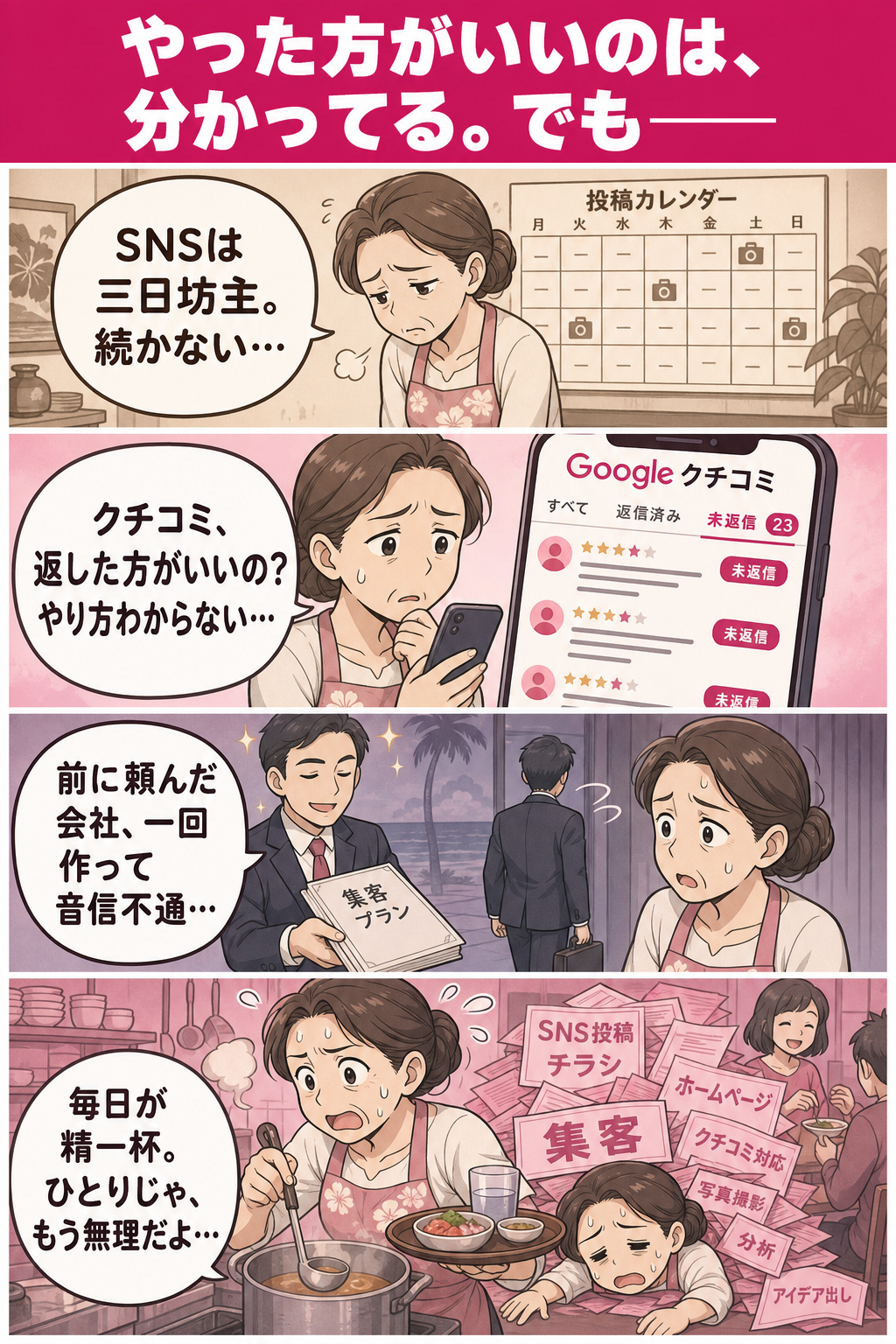 集客あるあるの4コマ漫画。SNS三日坊主、クチコミ返信が分からない、頼んだ広告会社が音信不通、毎日が精一杯でひとりじゃ無理と疲れる女性オーナー。