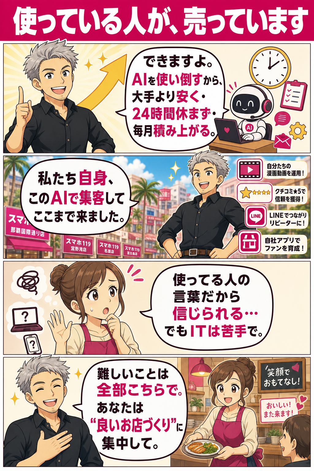 なぜ安く休まず積み上がるかの4コマ漫画。AIを使い倒すから大手より安く休まず毎月積み上がるとHIROKIが説明し、自社もこのAIで沖縄に多店舗展開した実演者だと胸を張る。