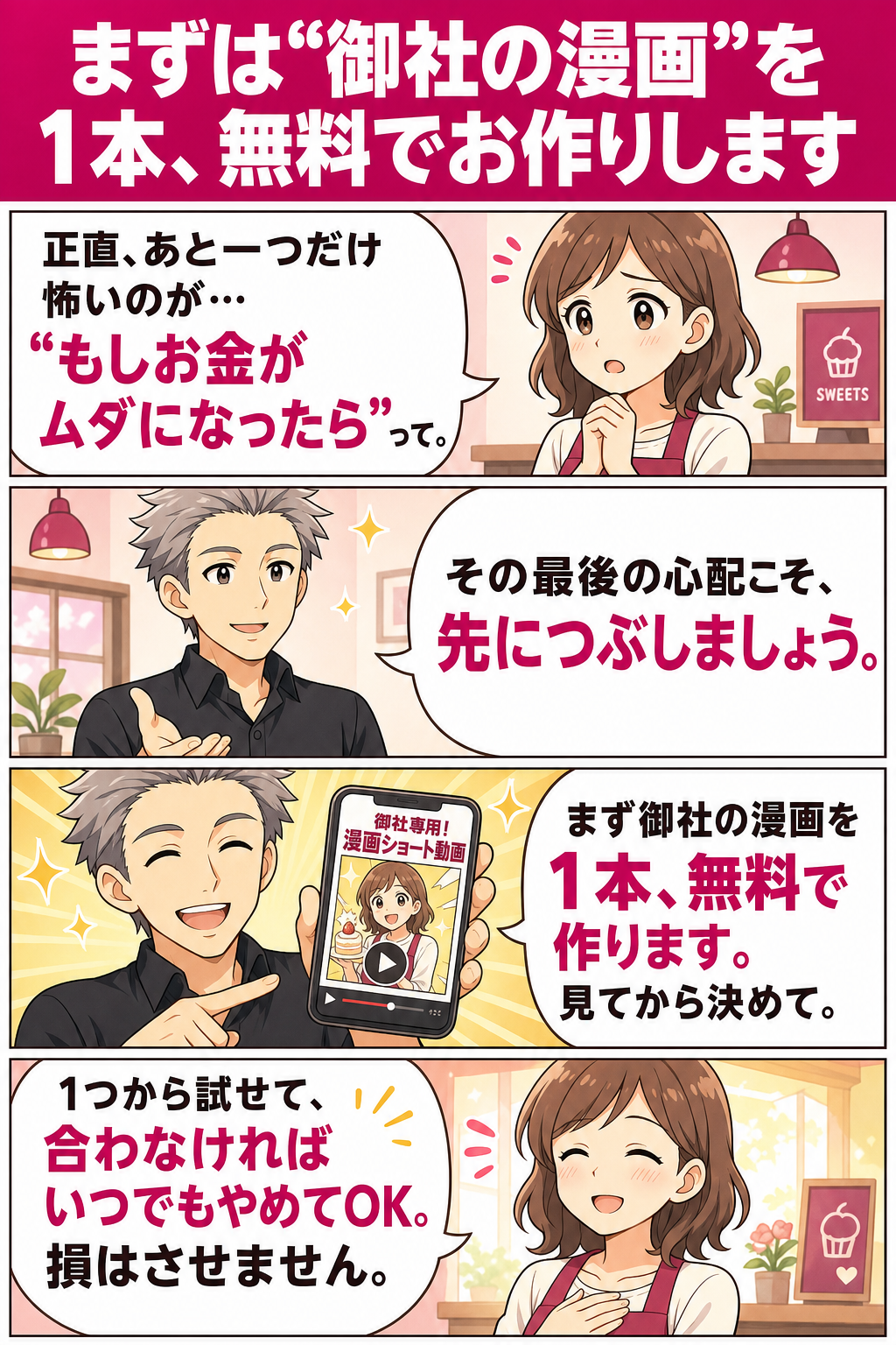 リスク逆転の4コマ漫画。お金がムダになる不安に、HIROKIが御社専用の漫画ショート動画をまず無料で作り見てから決めてと提案。1つから試せて合わなければやめてOKで肩の力が抜ける女性オーナー。