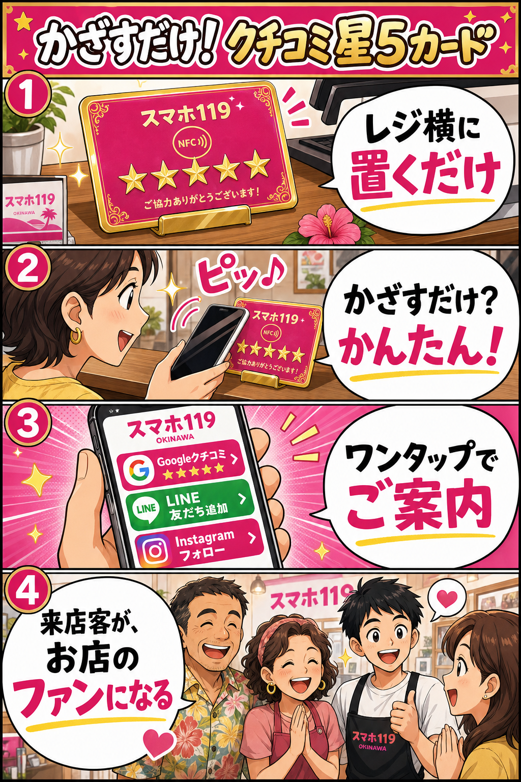 かざすだけ クチコミ星5カードの使い方 4コマ漫画