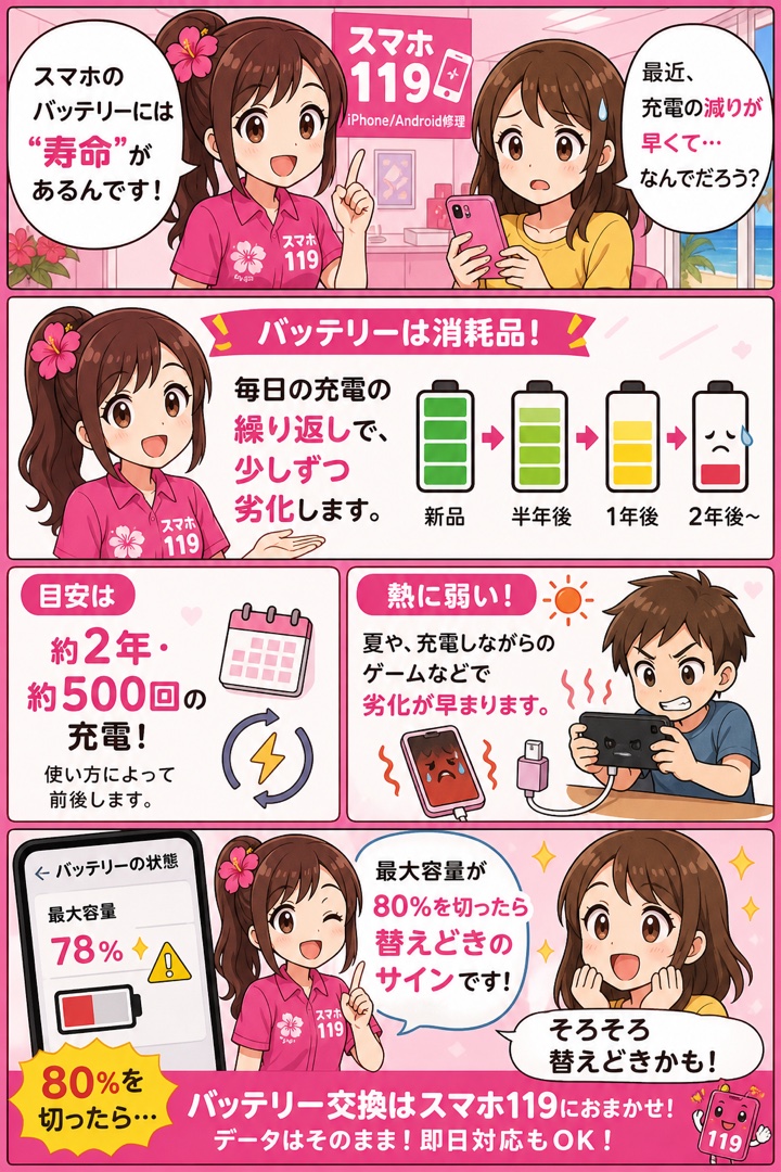 スマホのバッテリーが劣化する理由を解説する4コマ漫画