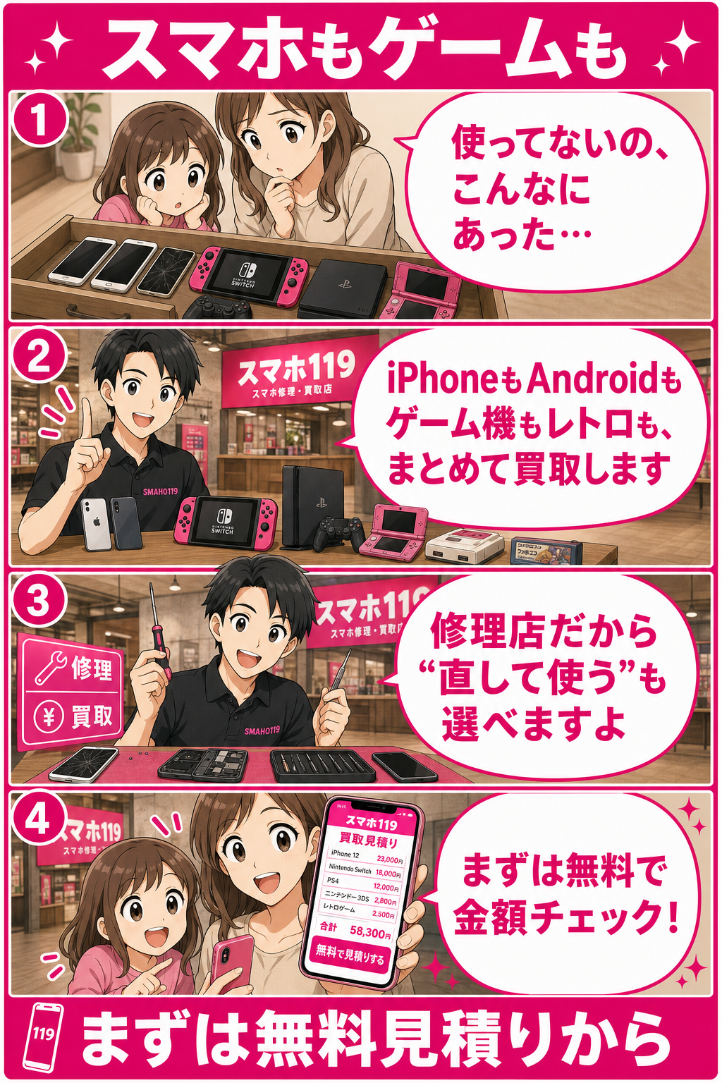 スマホもゲームも。iPhone・Android・iPad・Nintendo Switch・PS・3DS・レトロまで、まとめて買取。まずは無料見積りから