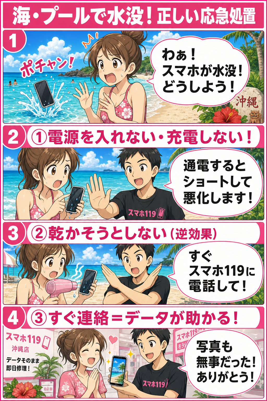 海・プールでスマホ水没！正しい応急処置の4コマ漫画