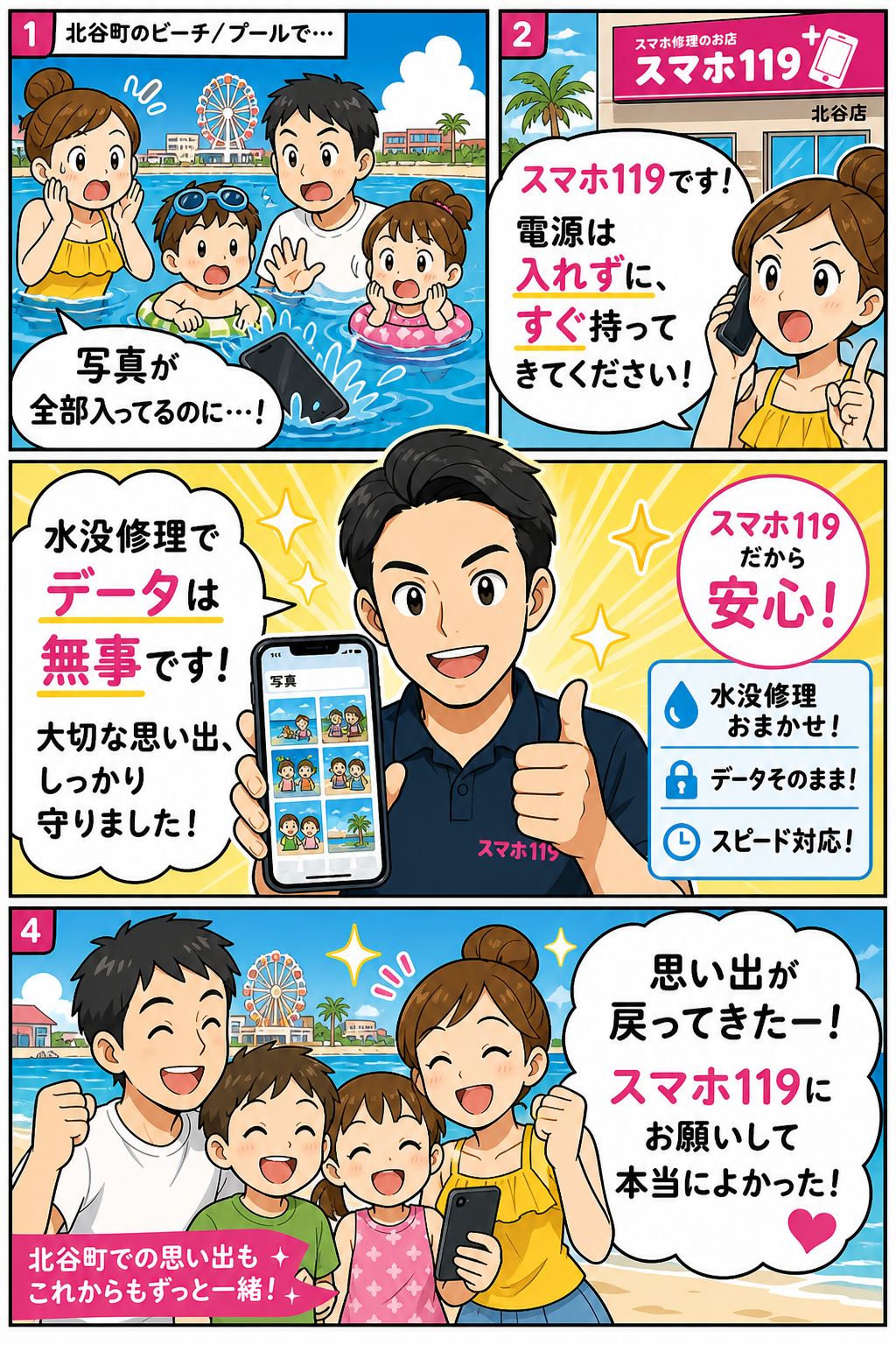 北谷町でスマホが壊れたときの4コマ漫画｜スマホ119