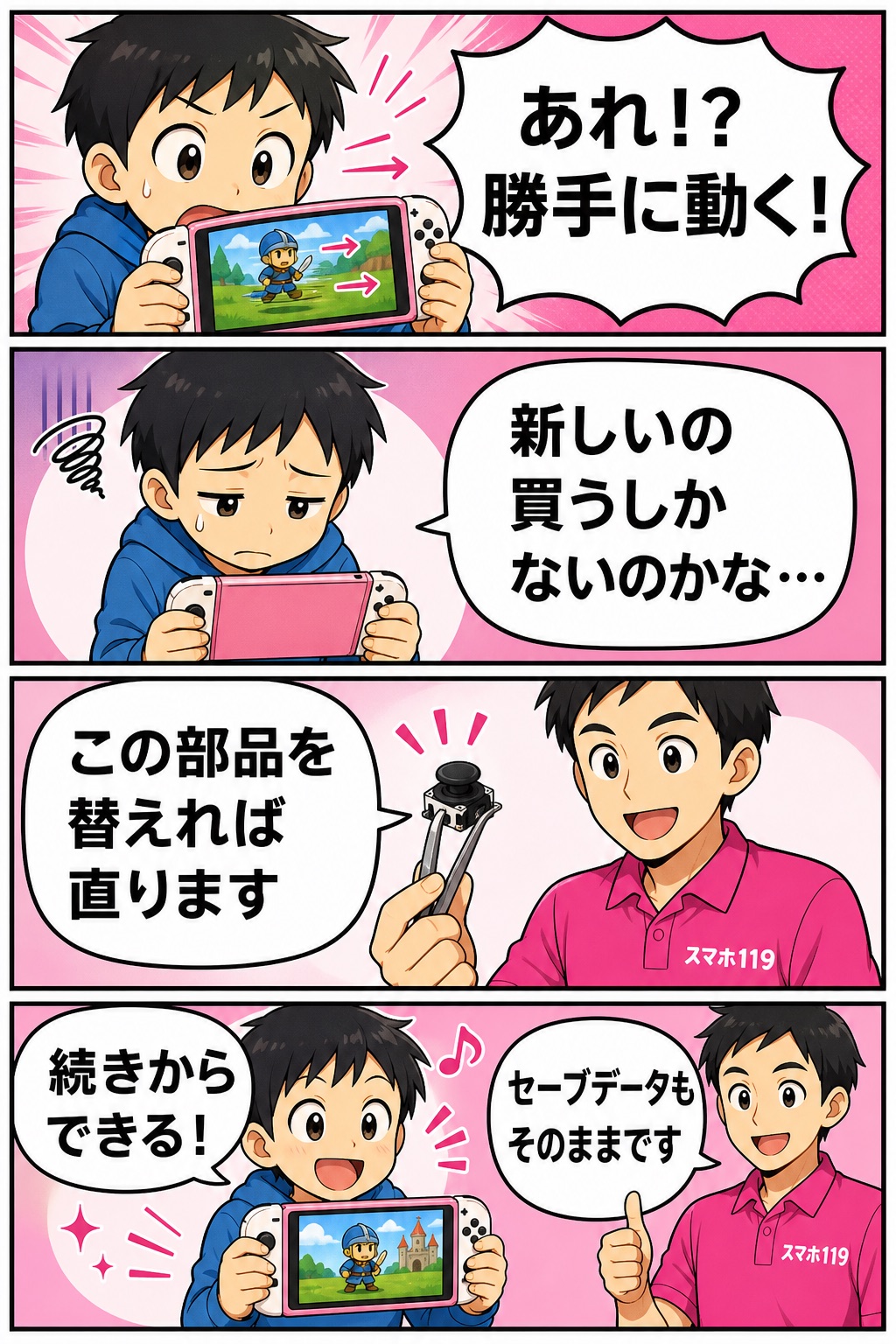スティックが勝手に動くゲーム機を、部品交換でセーブデータを残したまま直す4コマ漫画
