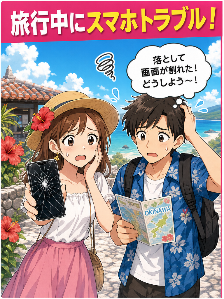 旅行中にスマホがトラブルで困る様子