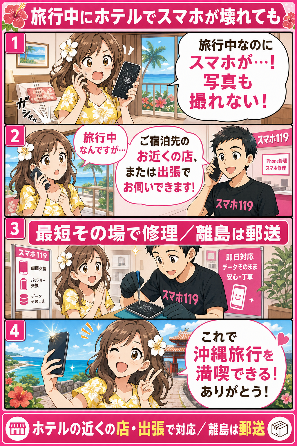 旅行中にホテルでスマホが壊れても宿泊先の近く・出張で対応する4コマ漫画