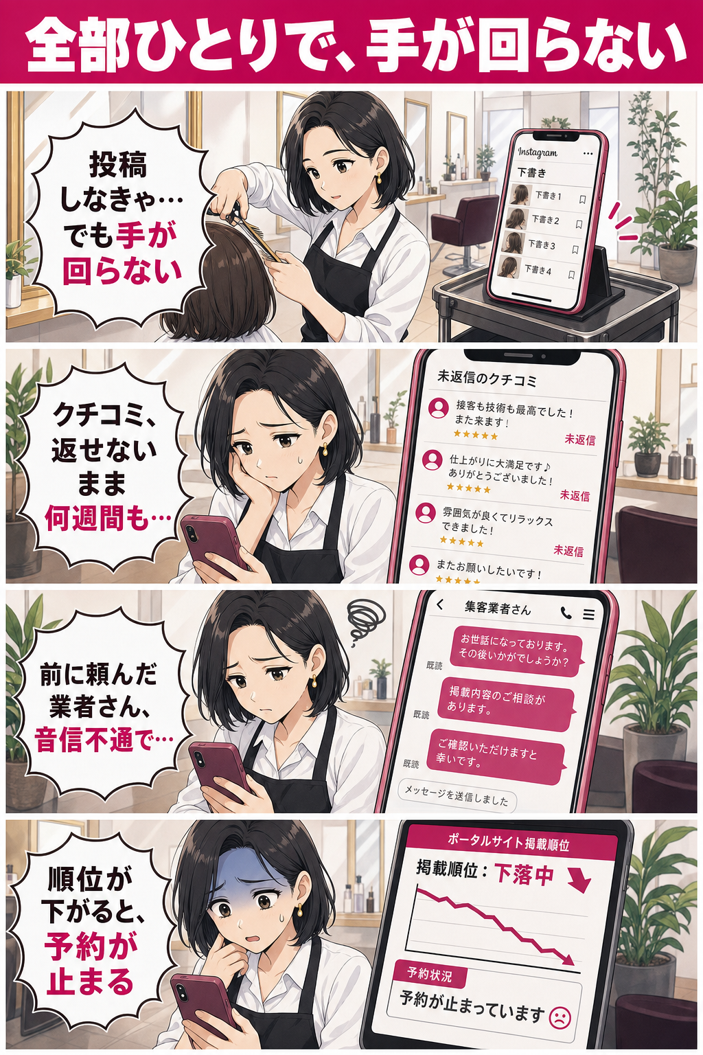 施術中でSNS投稿もクチコミ返信もできず、前の業者は音信不通、ポータルの順位に振り回される美容室オーナーのあるある4コマ漫画