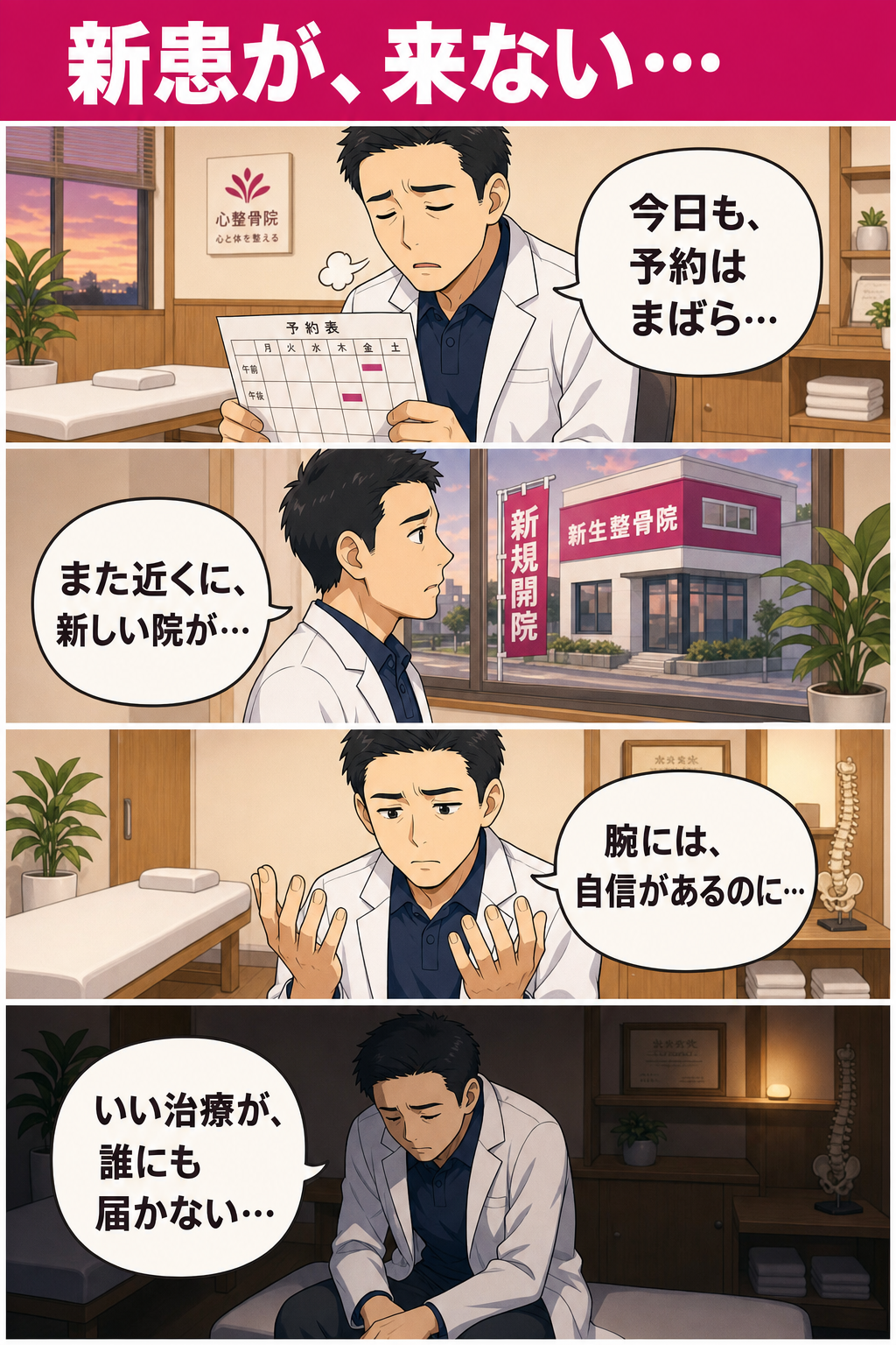 整骨院の院長が、空欄だらけの予約表を手に肩を落とし、近くに新しい競合院ができ、腕に自信はあるのに新患が来ず「いい治療が誰にも届かない」と落ち込む4コマ。
