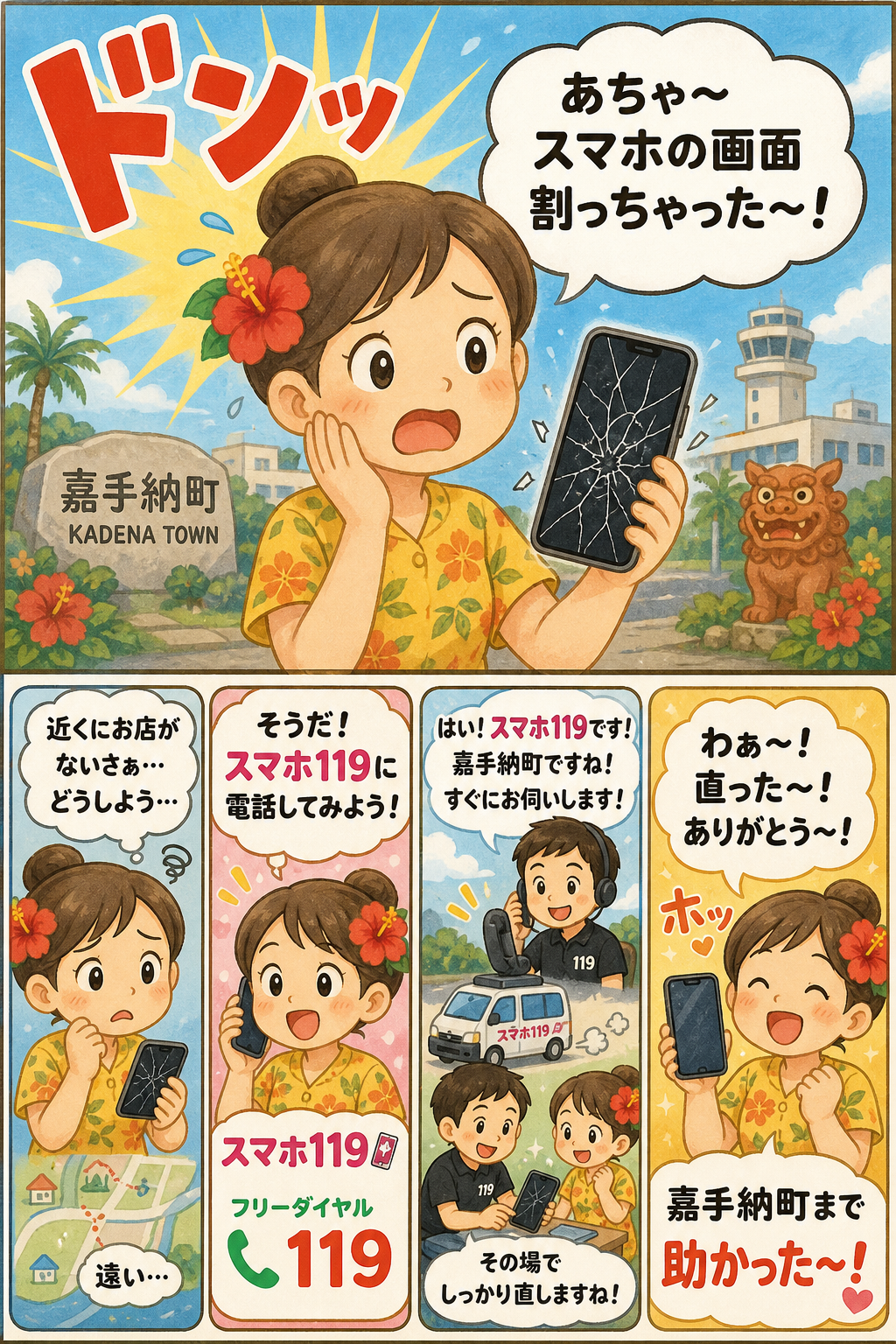 嘉手納町でスマホが壊れたときの4コマ漫画｜スマホ119