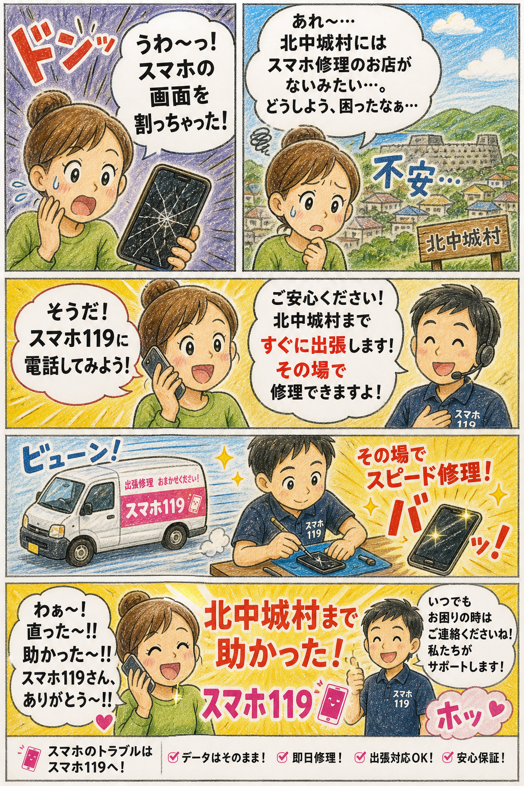 北中城村でスマホが壊れたときの4コマ漫画｜スマホ119