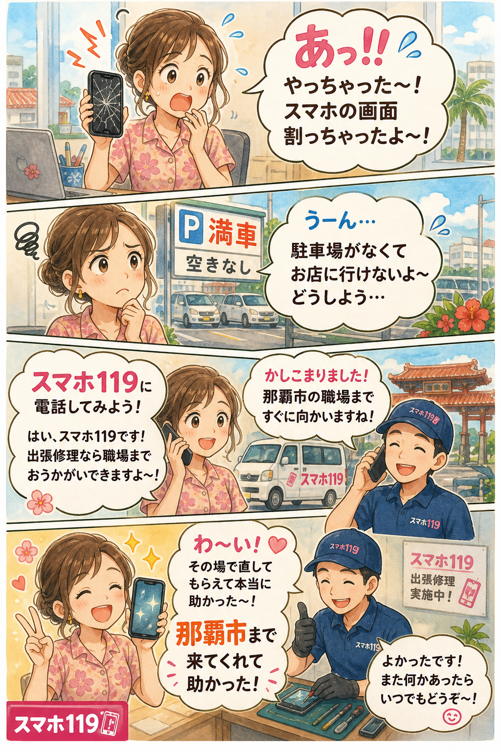 那覇市でスマホが壊れたときの4コマ漫画｜スマホ119
