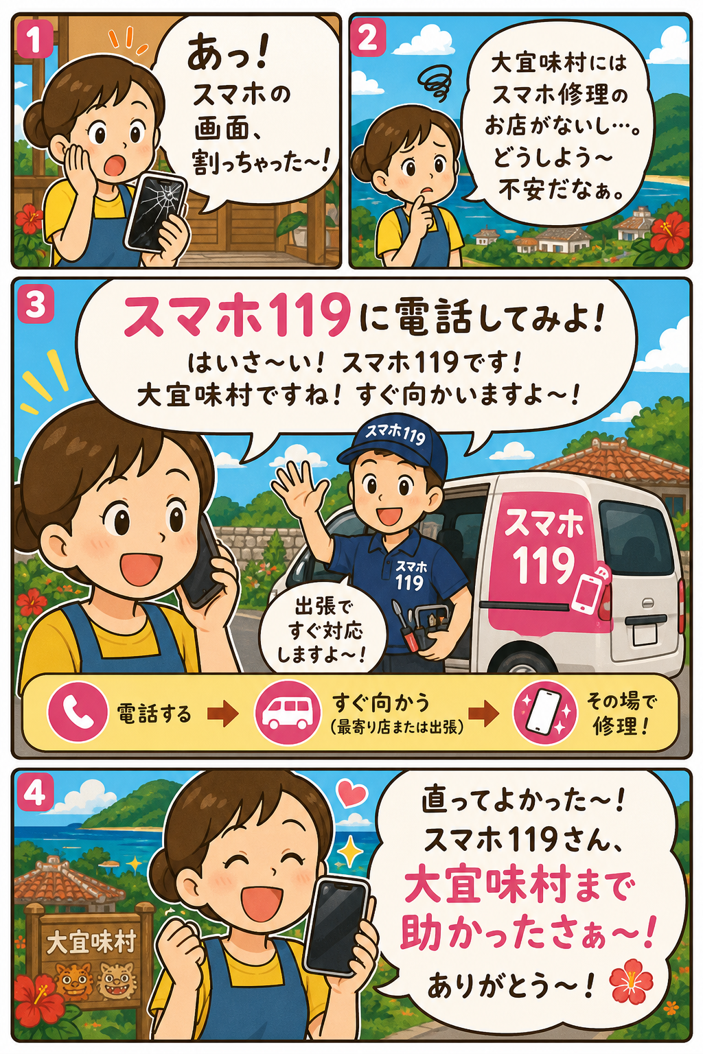 大宜味村でスマホが壊れたときの4コマ漫画｜スマホ119