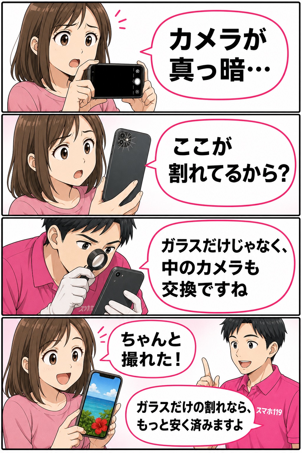 カメラが真っ暗な原因を、レンズガラスの割れかカメラ本体の故障か切り分ける4コマ漫画