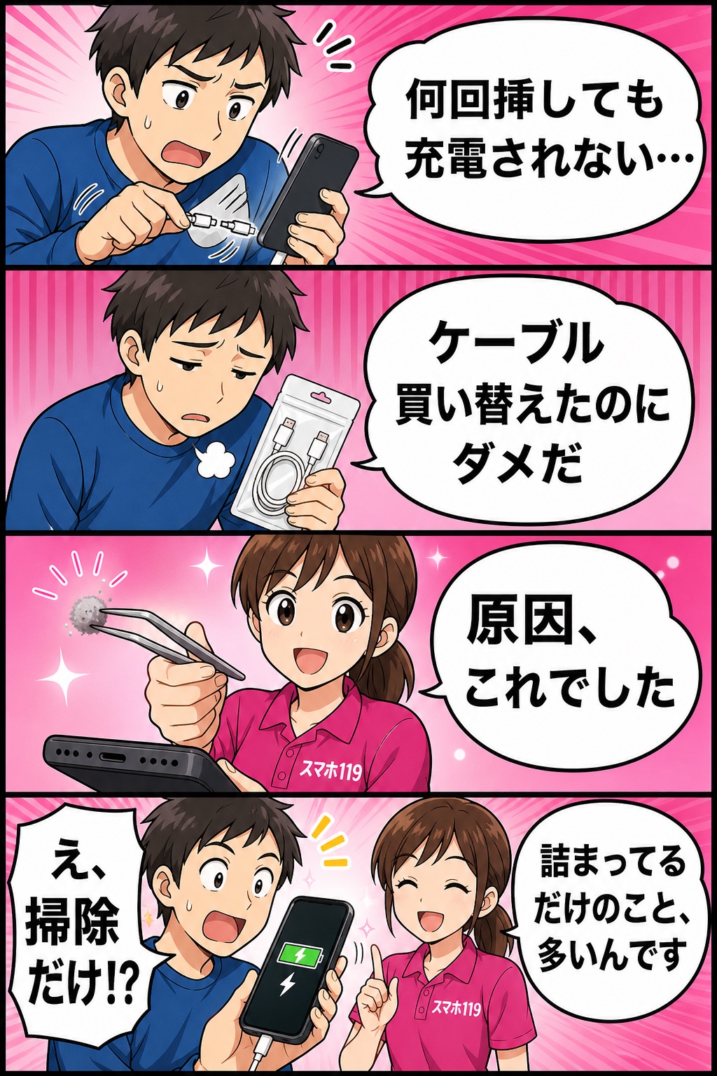 充電できない原因が充電口のホコリ詰まりで、掃除だけで直った4コマ漫画