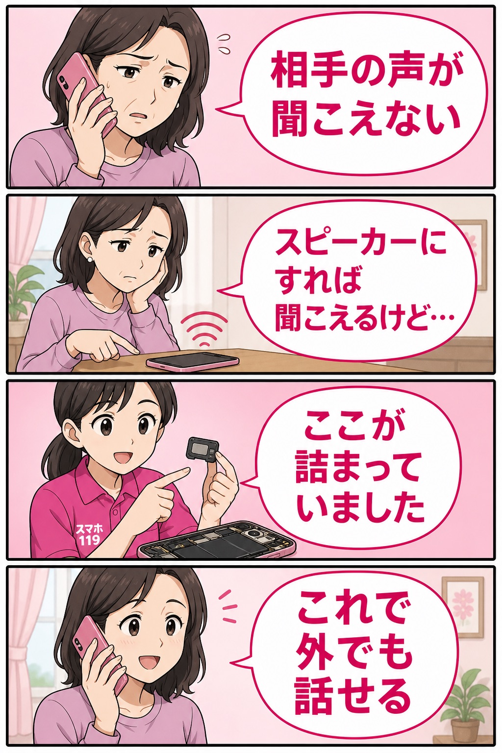 通話の相手の声が聞こえない原因が通話スピーカーの目詰まりだった4コマ漫画
