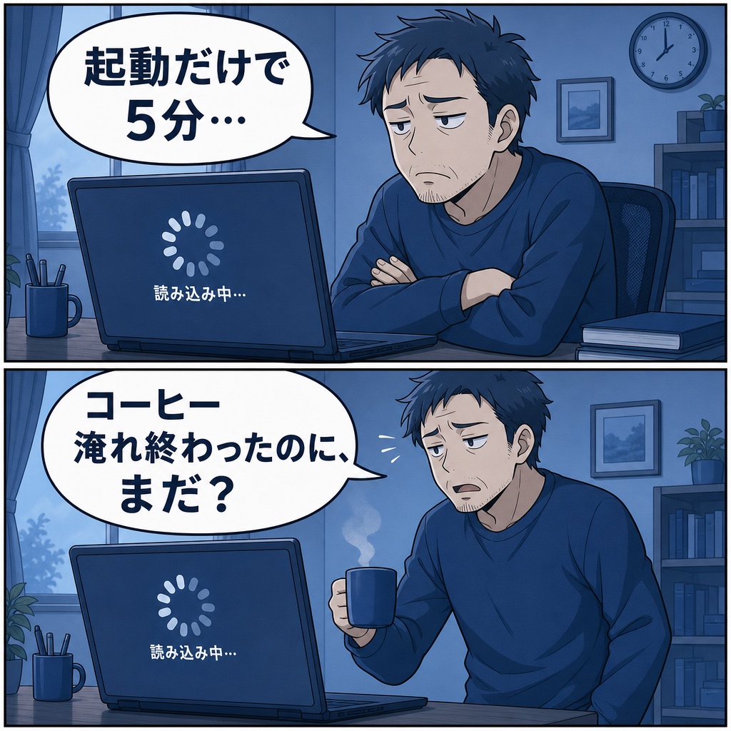 起動に5分かかる遅いパソコンに困っている様子