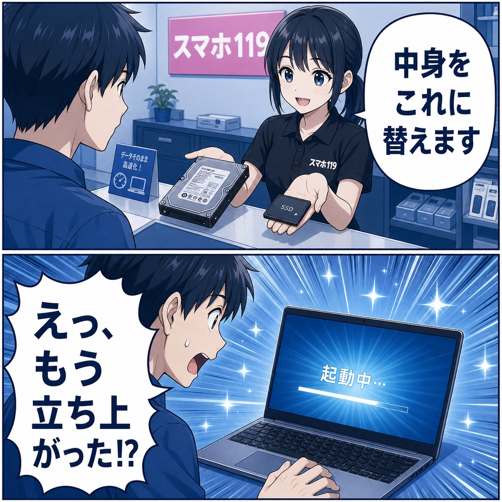 スマホ119でHDDをSSDに交換して起動が速くなった様子