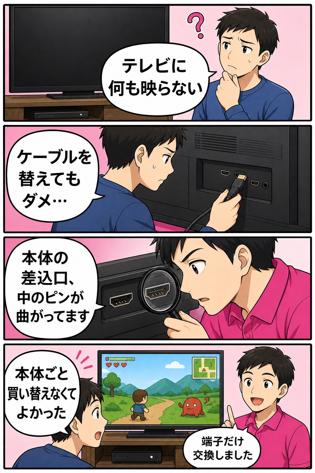 テレビに映らない原因が本体のHDMI端子の破損だと分かり、端子交換で直る4コマ漫画