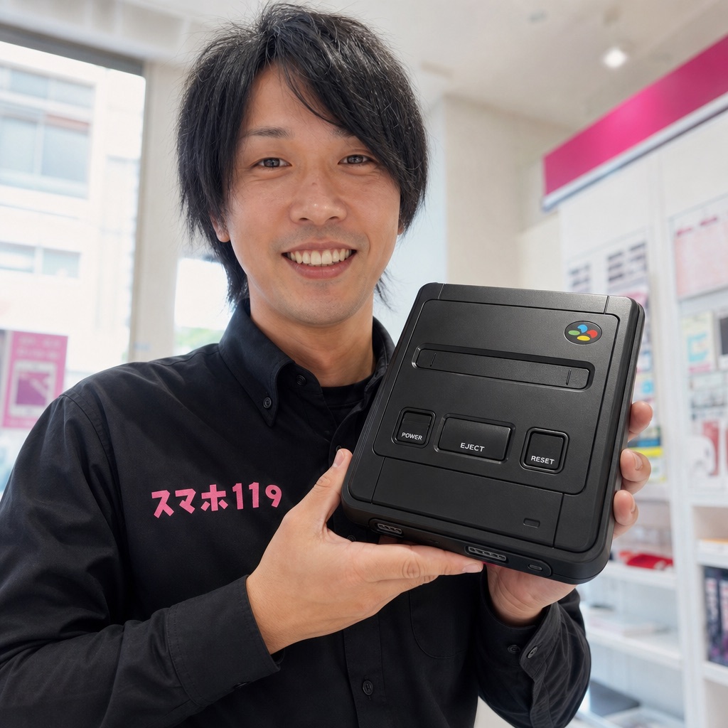 完成した黒いカスタムスーパーファミコンを手に笑顔の田島店長