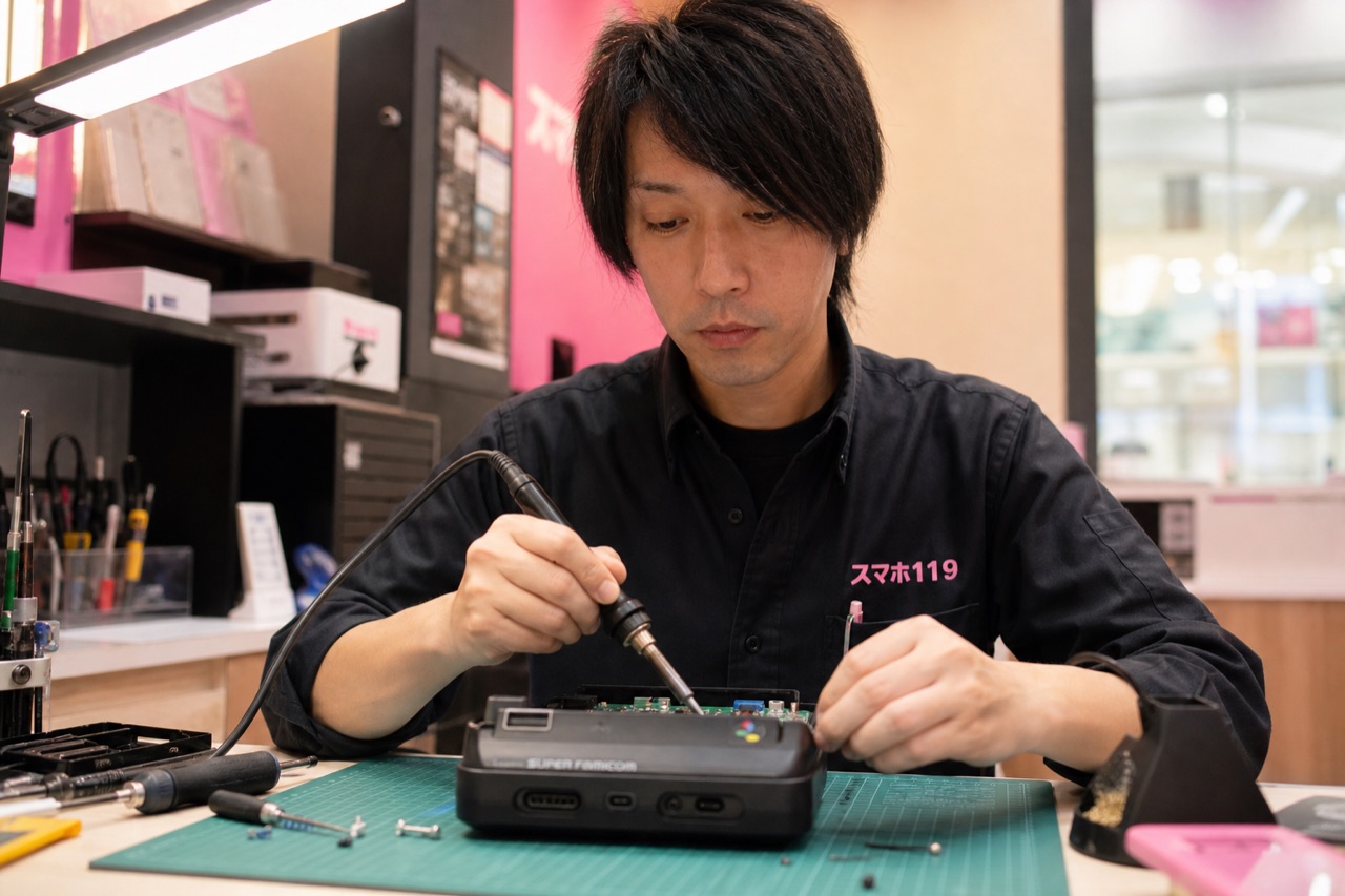 スマホ１１９宜野湾店の田島店長が黒いスーパーファミコンをはんだ付けで改造する様子