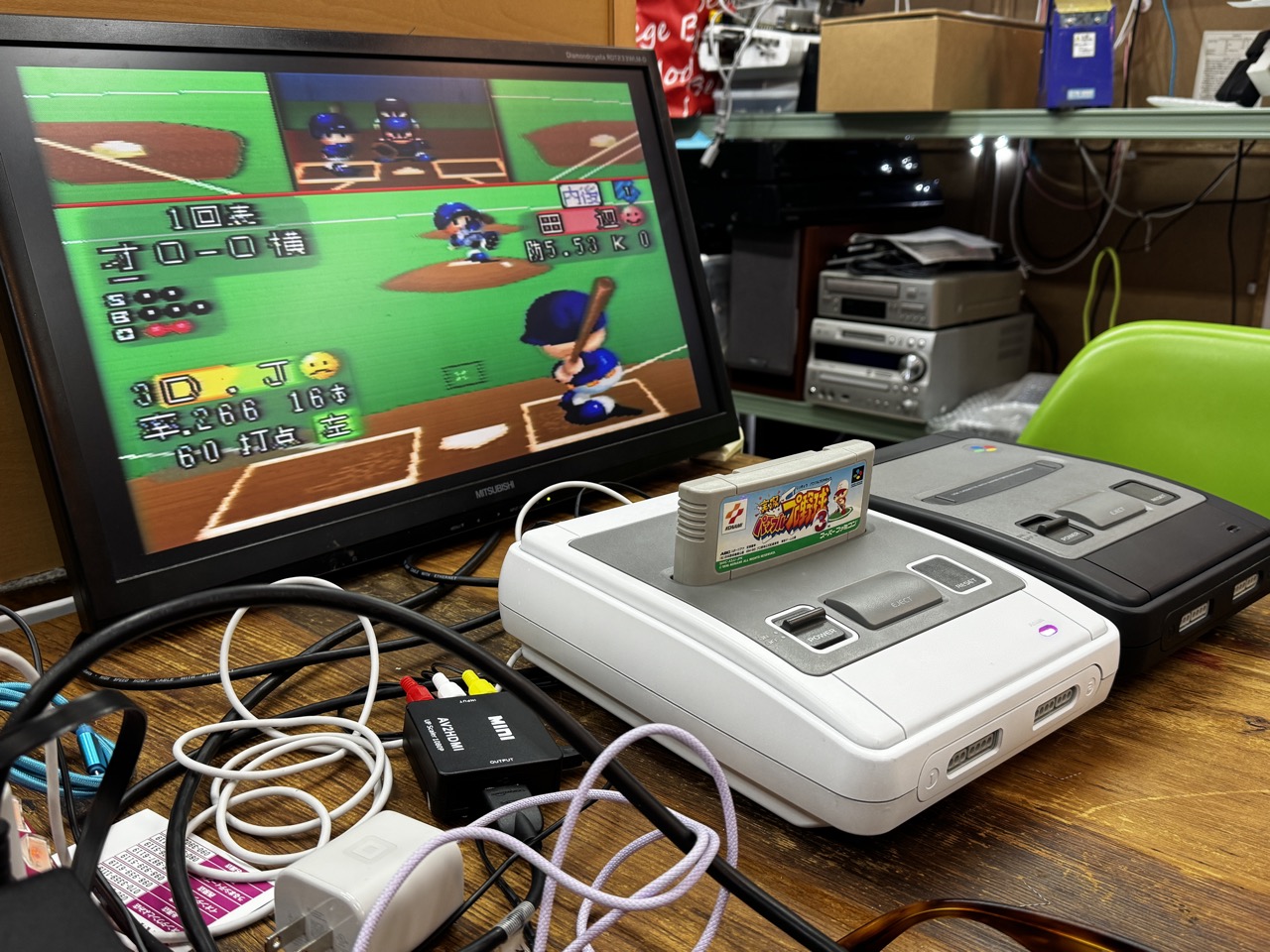 スーパーファミコンを薄型テレビにつないで実況パワフルプロ野球3をプレイし動作確認