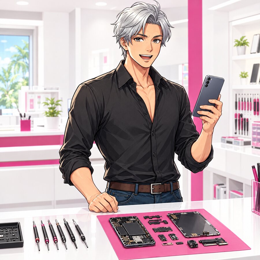 富村浩樹のイラスト。銀髪に黒いシャツで、スマホ修理のカウンターに立っている