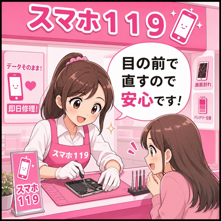 スマホ119の店頭でお客様の目の前でiPhoneを修理する様子の漫画