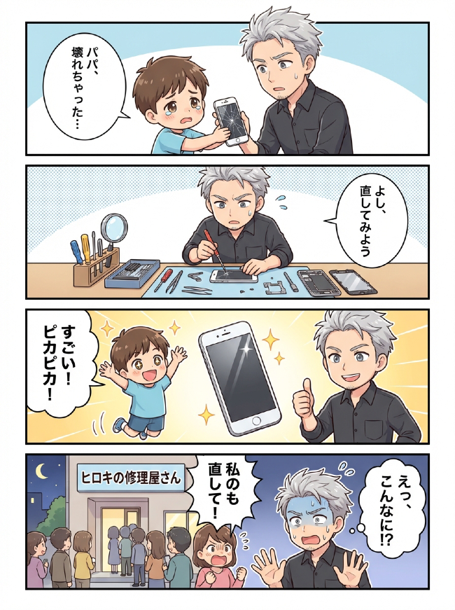 第1章の4コマ漫画：息子のiPhoneを直した夜