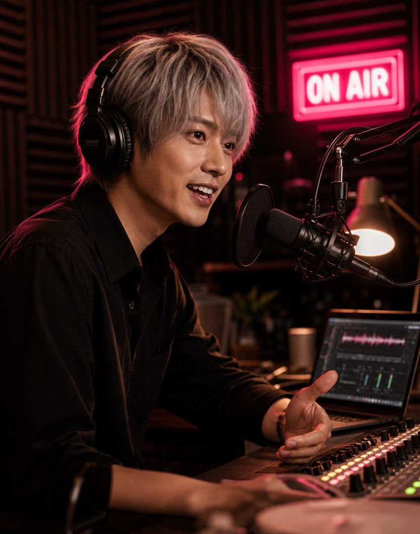 ON AIRサインの灯るスタジオでポッドキャストを配信する社長