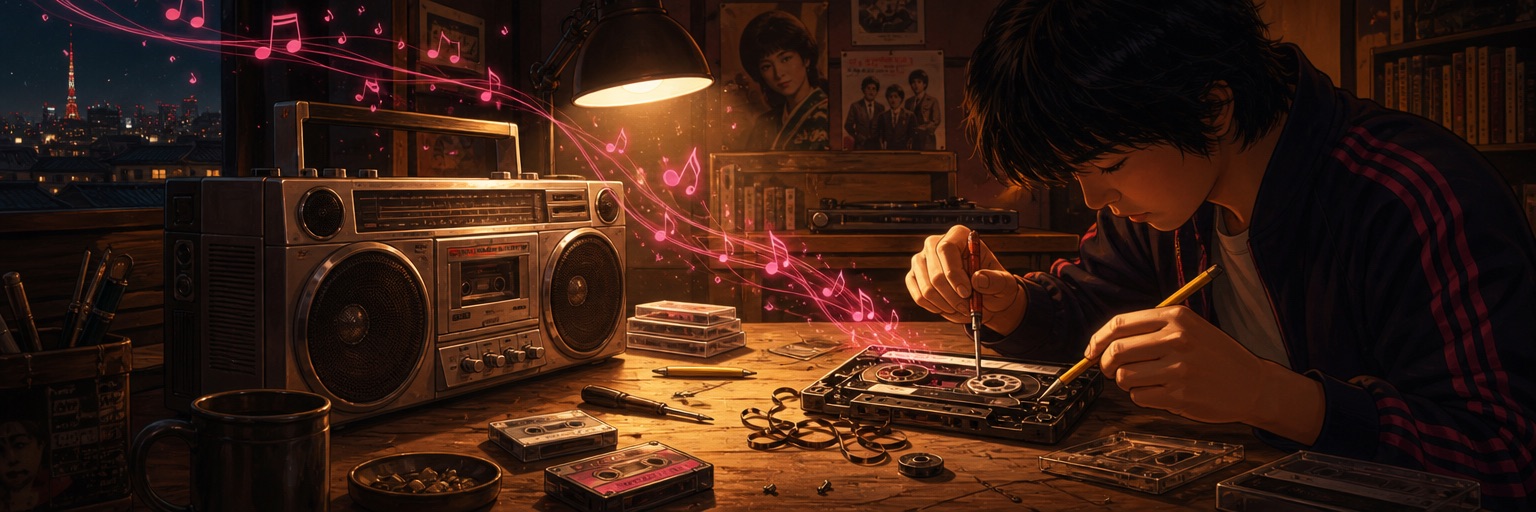 カセットテープを修理すると音楽が流れ出すイラスト